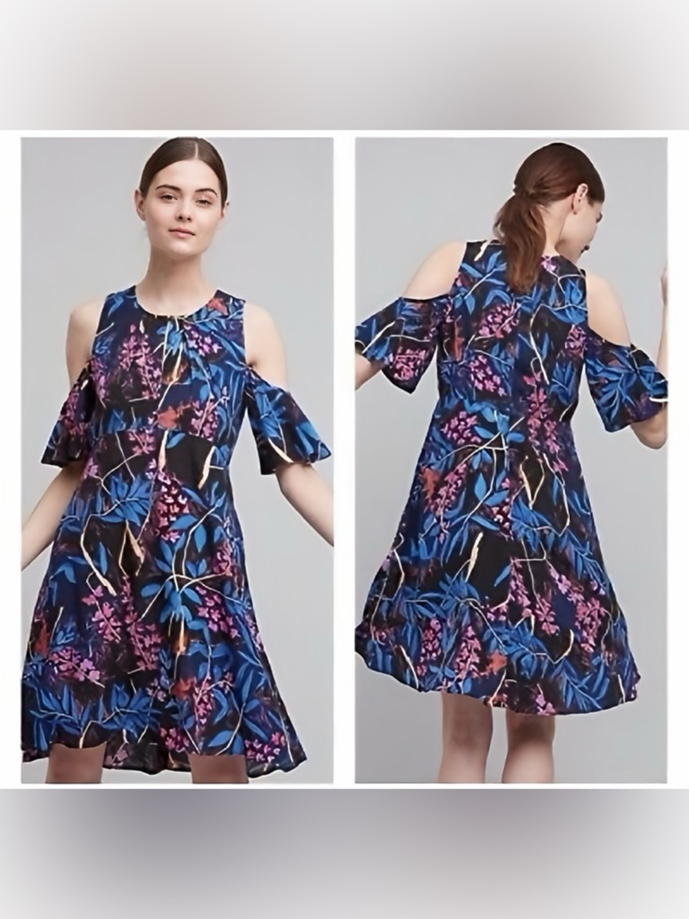 Maeve Anthropologie Elia Cold Shoulder Blue Purple Floral Dress Size 0